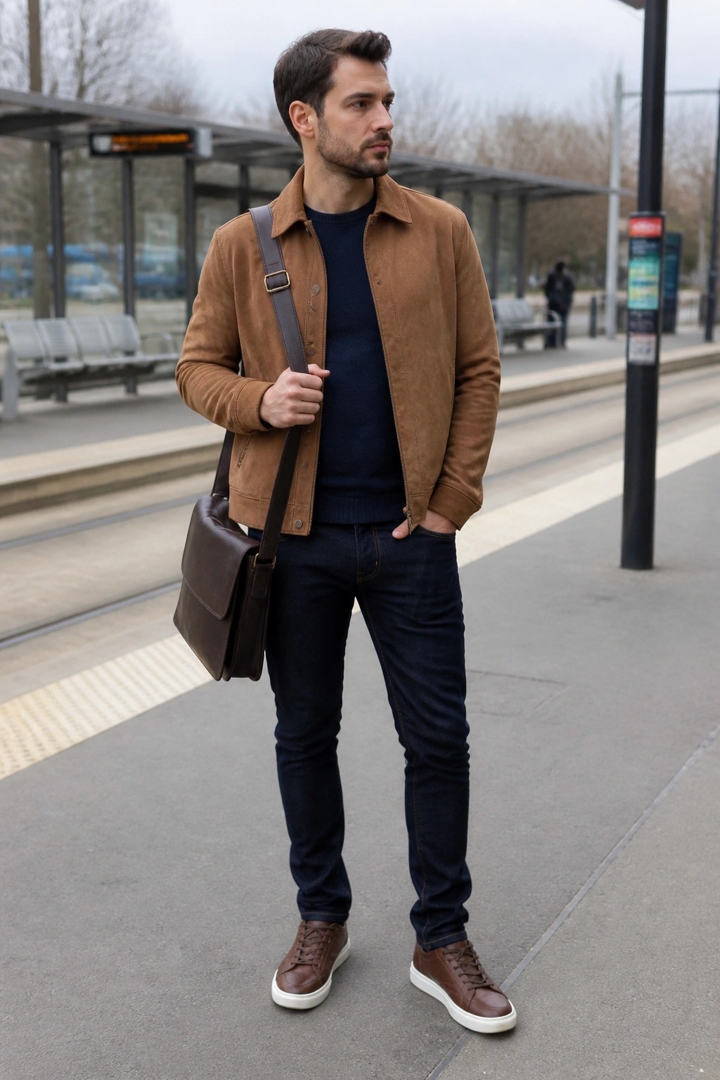 Man in brown suede jacket, navy sweater, and jeans with leather bag at station
