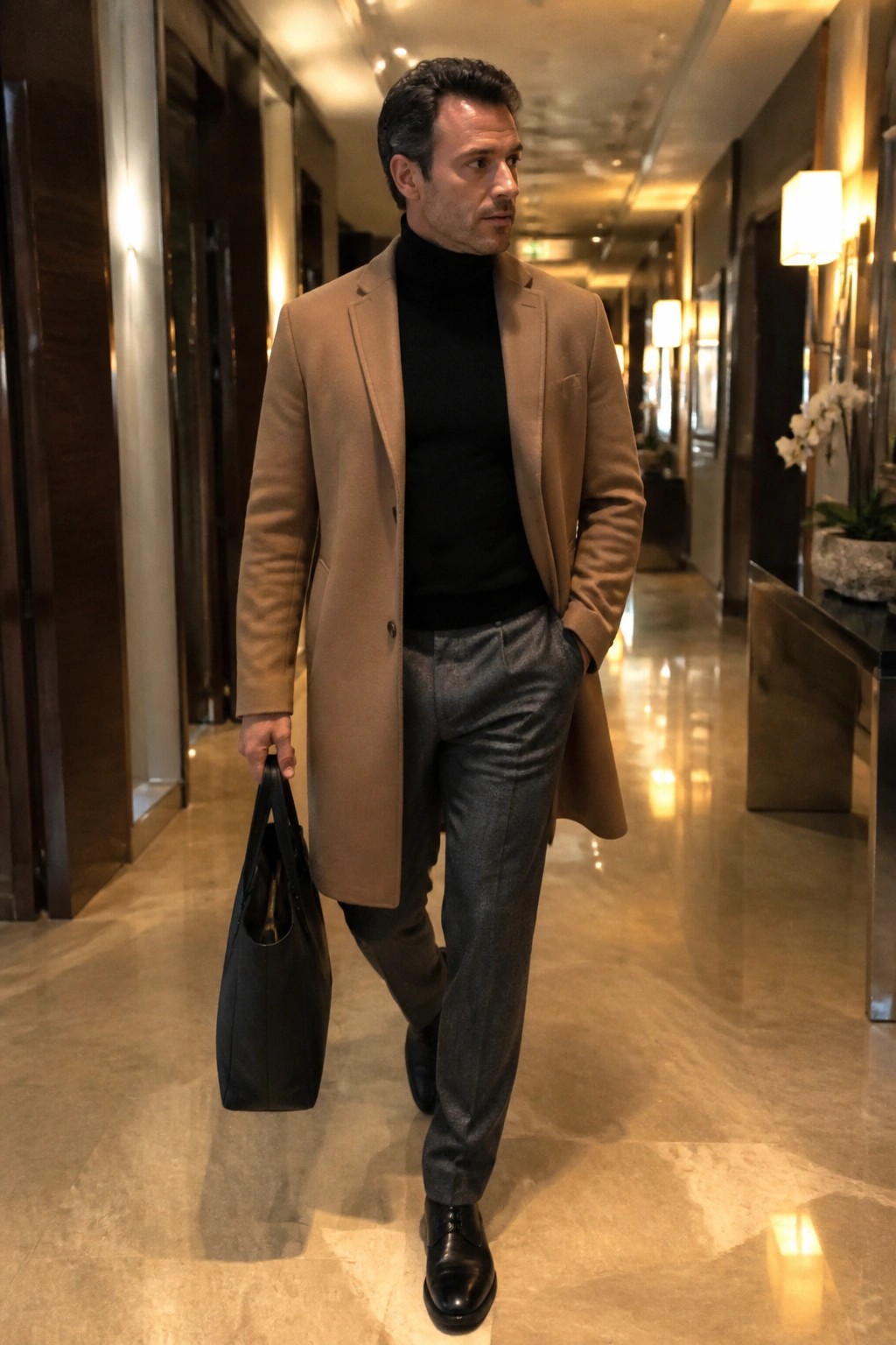 Man in tan overcoat over black turtleneck holding bag in marble hallway