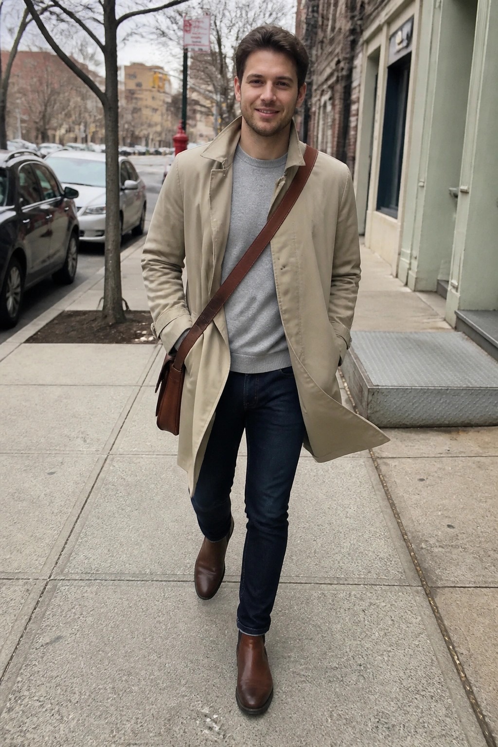 Man in beige trench coat over gray sweater walks city sidewalk with leather bag
