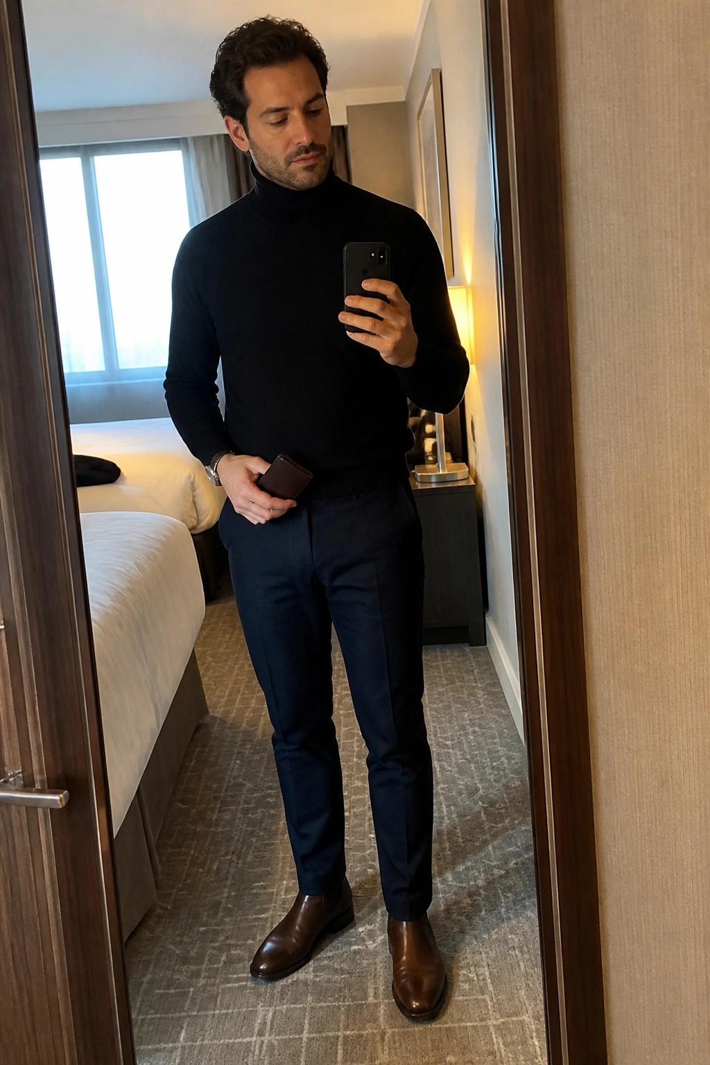 Man in black turtleneck sweater, navy slim trousers, and brown leather Chelsea boots taking a mirror selfie in a hotel room while holding a phone and brown wallet.