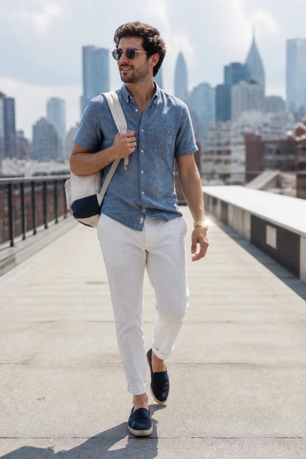Man in blue shirt and white pants carrying tote bag on city rooftop