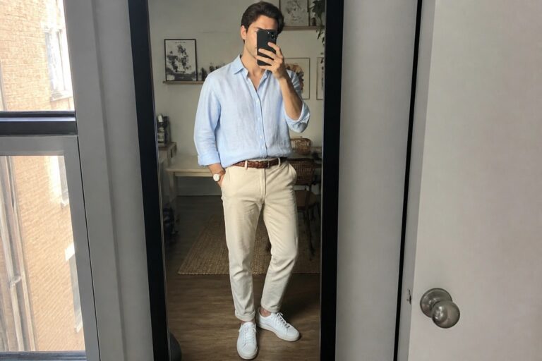 24 Fresh Men’s Smart Casual Summer Outfits in Lightweight Fabrics Man in light blue button down shirt tucked into cream pants with brown belt and white sneakers taking mirror selfie