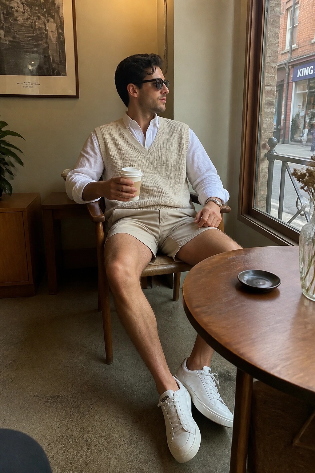 Man seated in a cafe wearing a white button down shirt under a beige knit sweater vest, paired with beige shorts and white sneakers, holding a coffee cup.