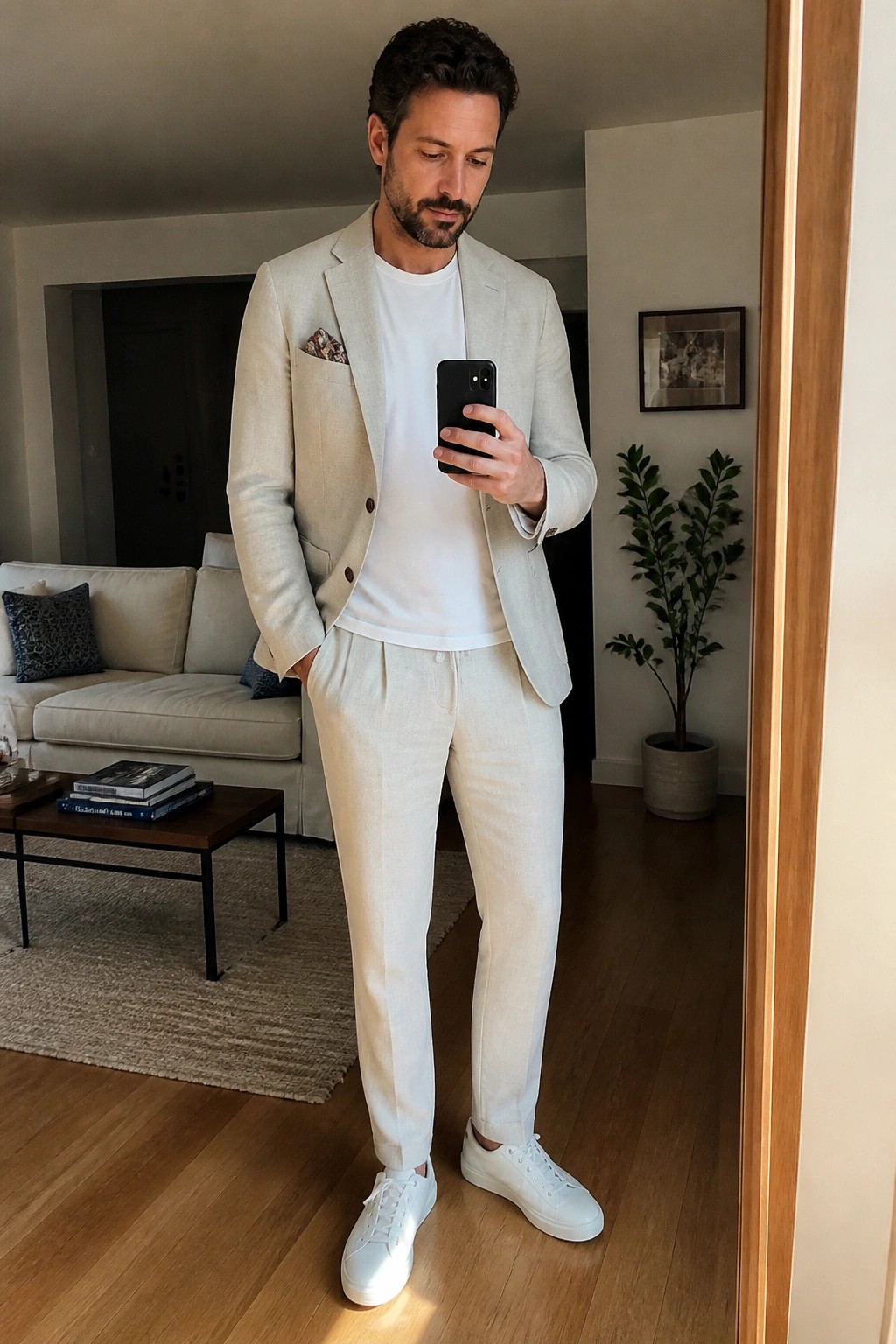 Man in light beige suit taking mirror selfie with black smartphone in living room