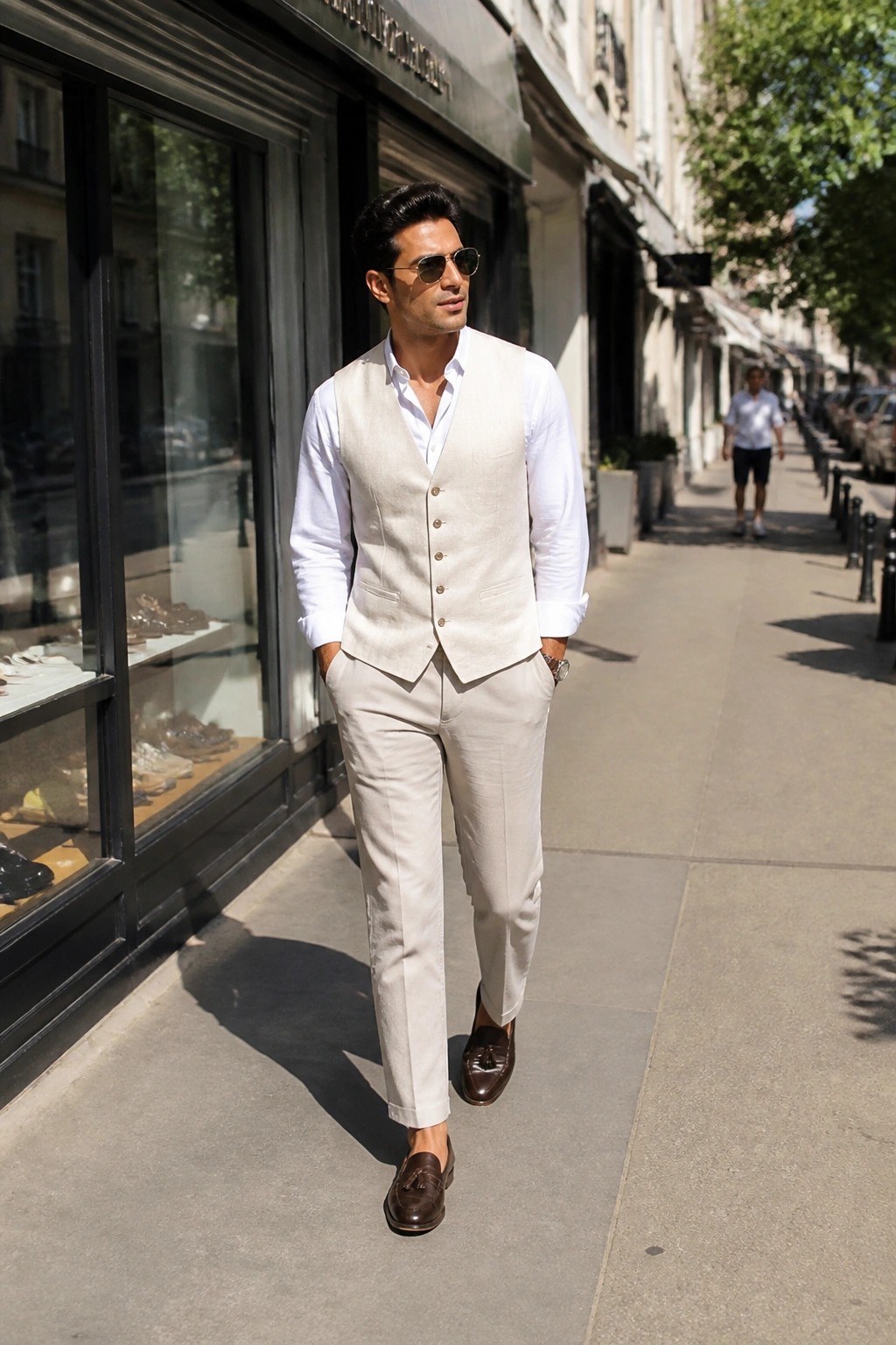 Man in beige vest and trousers with white shirt on sunny sidewalk