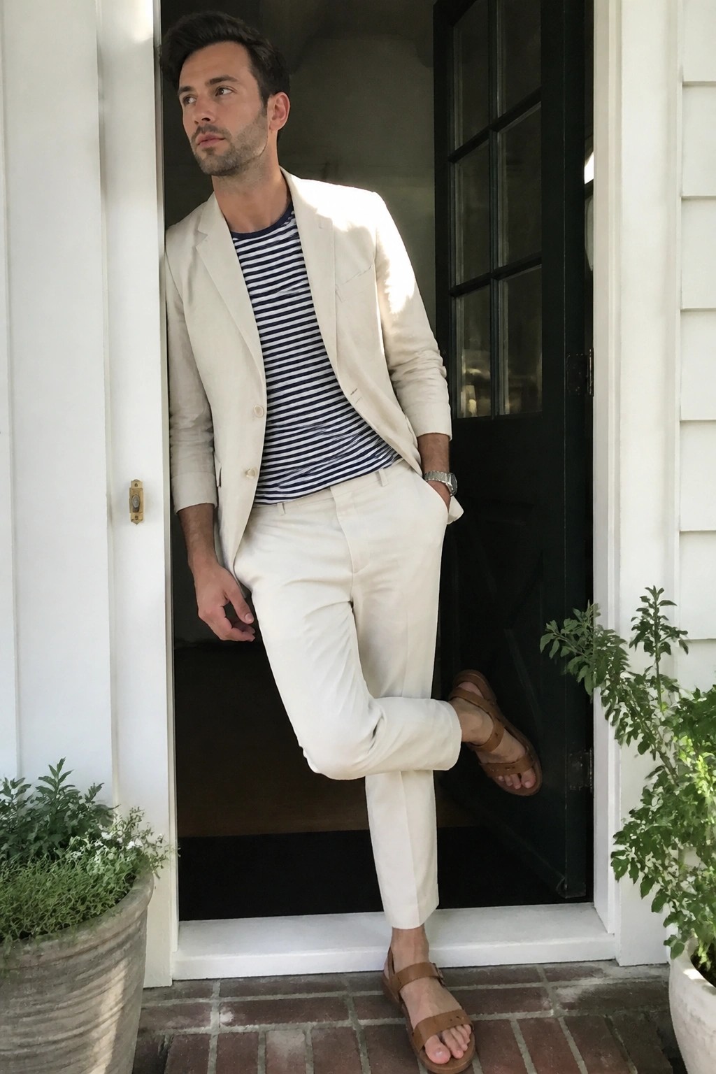 Man in cream blazer and pants with striped shirt posing in sunlit doorway wearing sandals