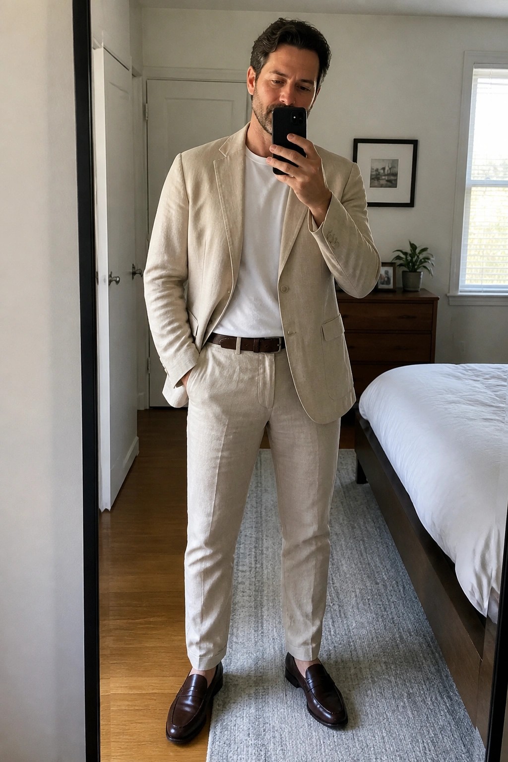 Man in beige linen suit taking mirror selfie in bedroom with brown loafers