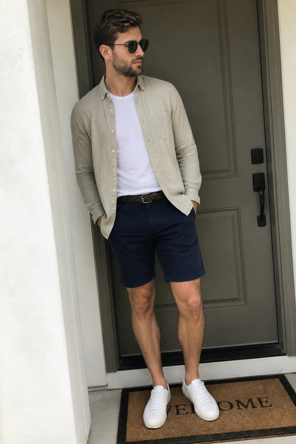 Man in beige shirt, navy shorts, and white sneakers by gray door with welcome mat