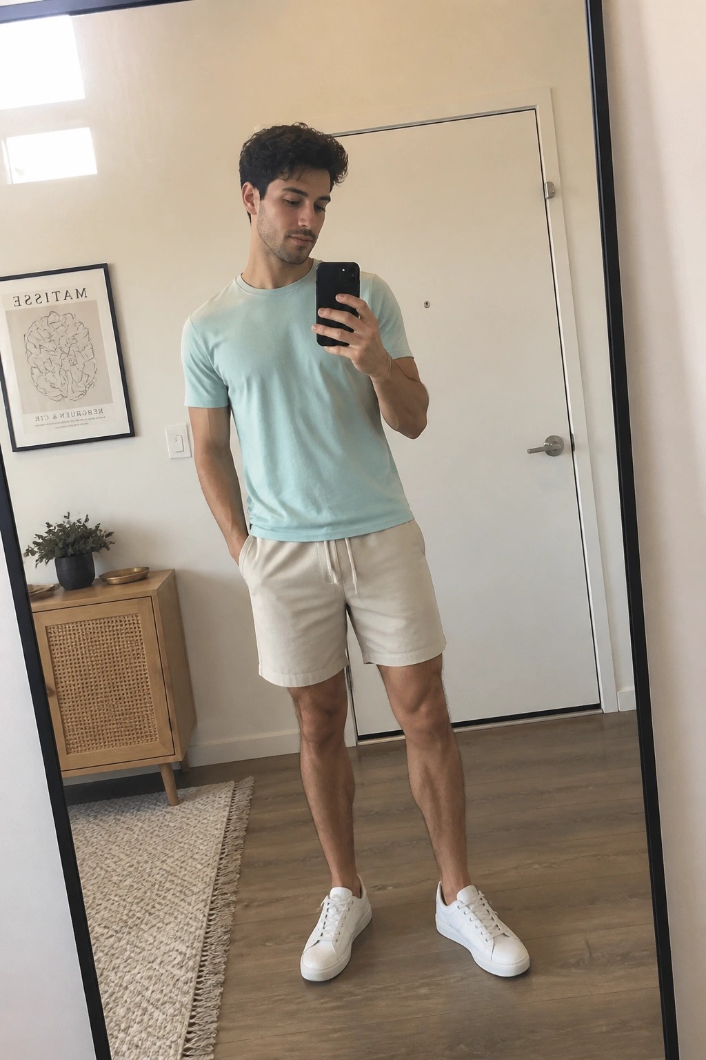 A man wearing a light mint green short sleeve t-shirt, cream shorts, and white sneakers taking a mirror selfie indoors.