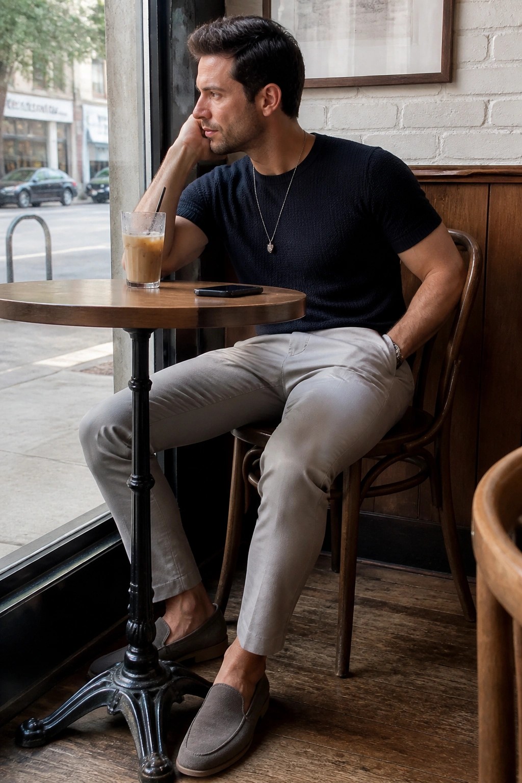 Man in dark shirt and light pants at cafe table by window with iced coffee