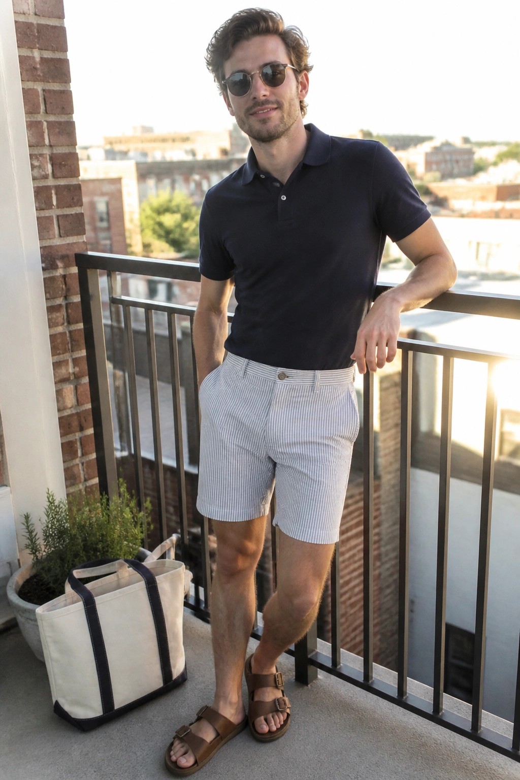 Man in navy polo shirt and striped shorts on urban balcony with tote bag