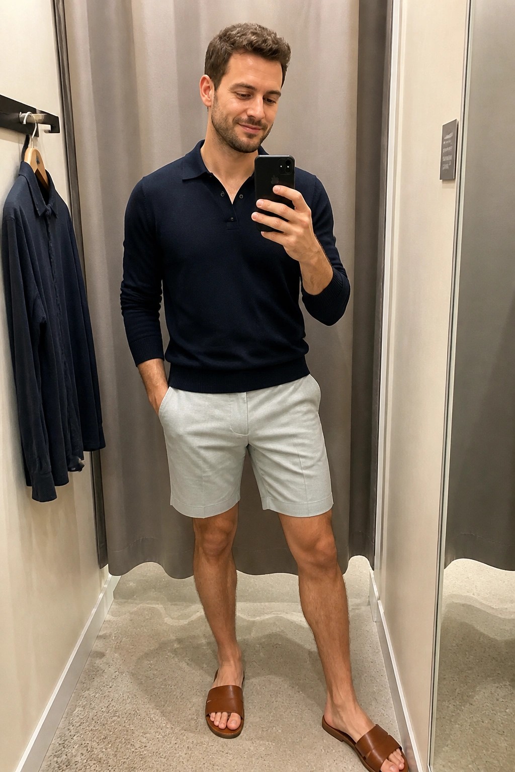 Man in navy knit polo sweater, light gray shorts, and brown leather slides taking a mirror selfie in a fitting room.