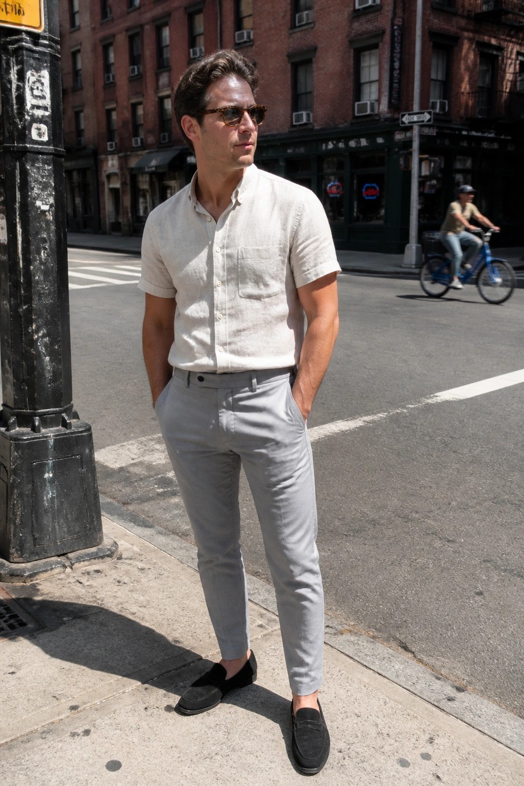 Man in beige shirt and gray pants on sunny city sidewalk