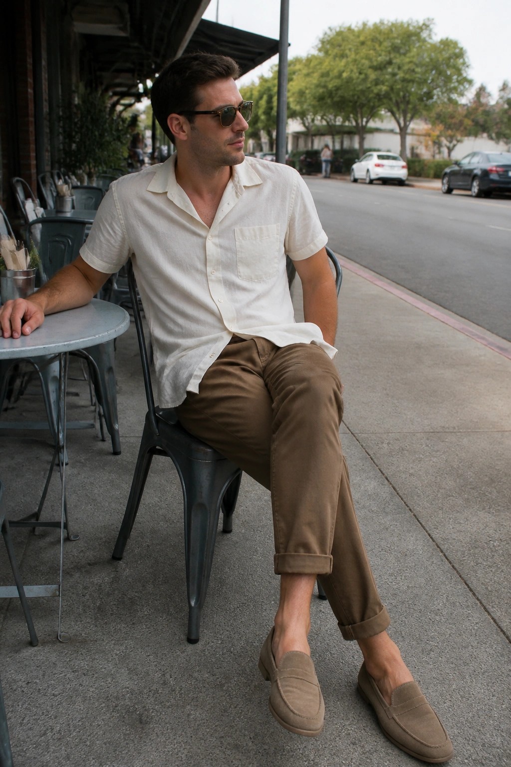 Man in cream shirt and brown pants seated at sidewalk cafe wearing sunglasses
