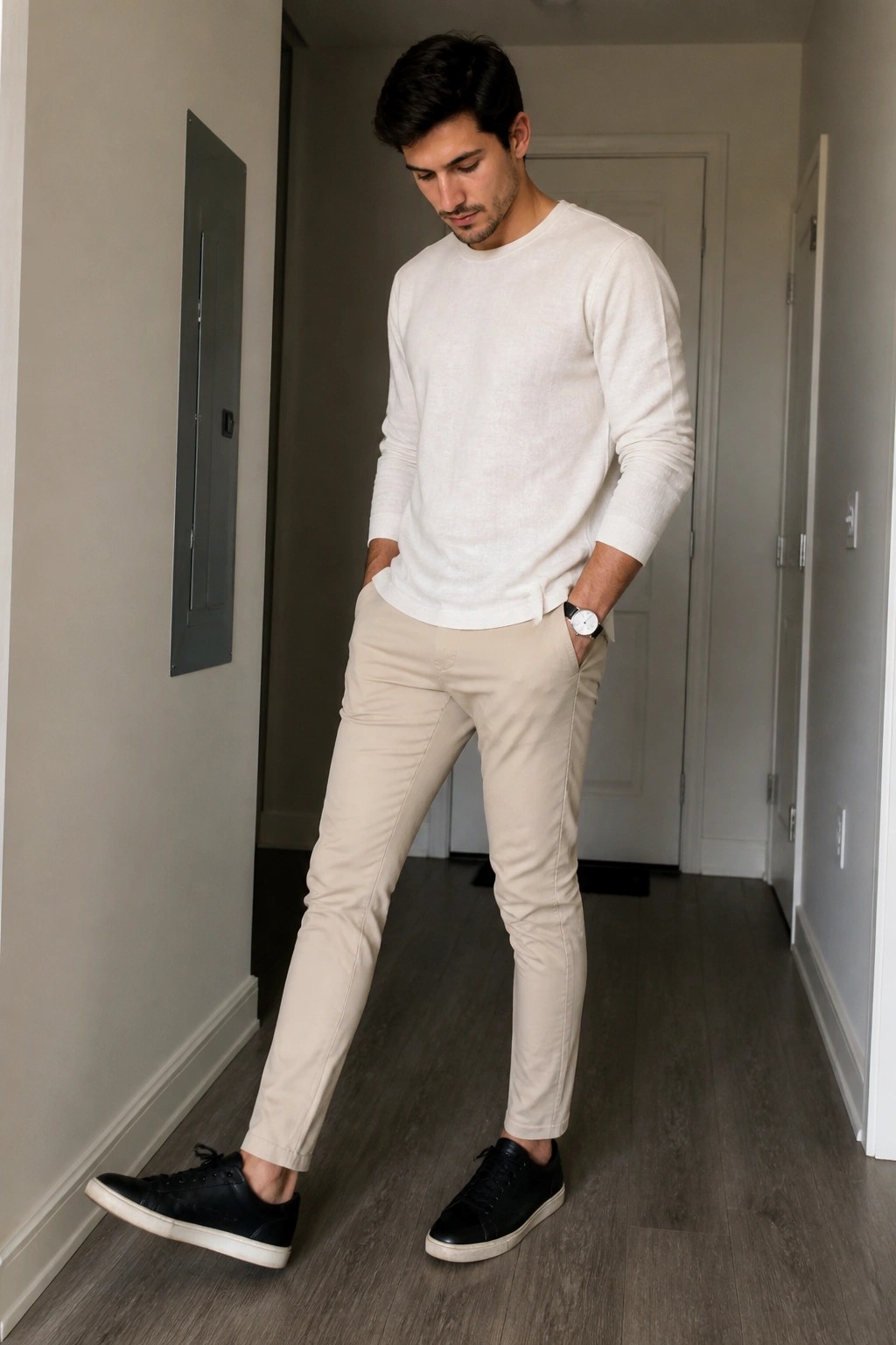 Man in white sweater and beige pants stands in modern hallway with hands in pockets