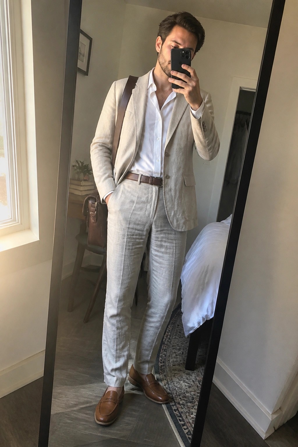 man wearing full beige linen suit with white button down shirt brown leather belt and matching loafers taking mirror selfie in bedroom
