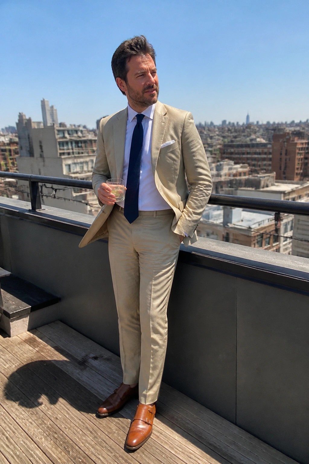 Man in light beige suit jacket and trousers, white dress shirt, navy tie, and brown double monk strap shoes, standing outdoors with city skyline behind.