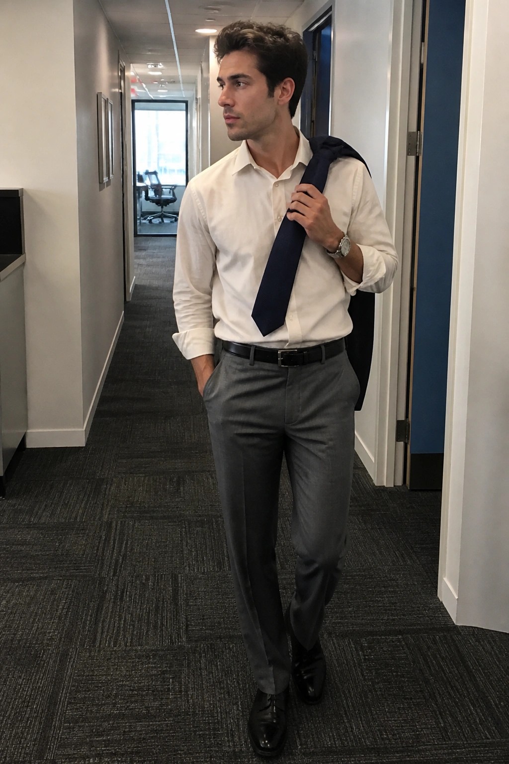 Man in white shirt and gray pants holding navy tie in office hallway