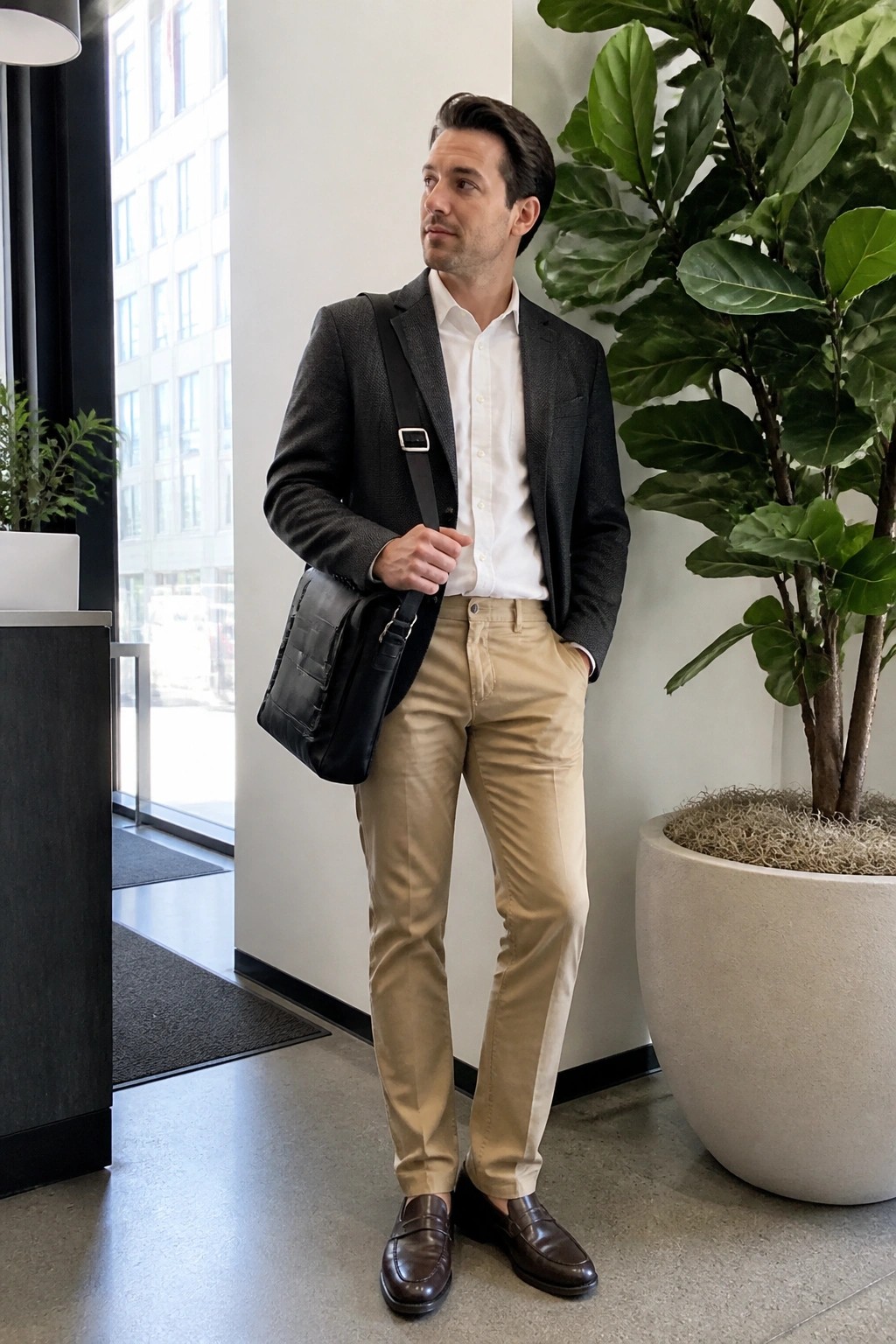 Man in gray blazer, white shirt, khaki pants with black messenger bag by plant.