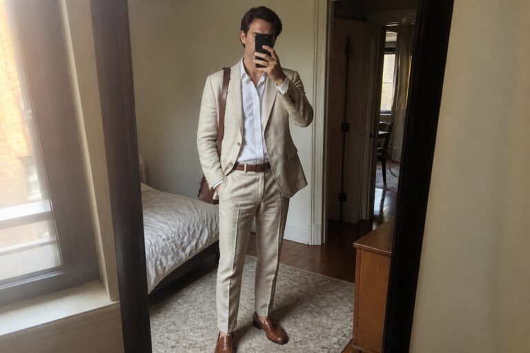man wearing full beige linen suit with white button down shirt brown leather belt and matching loafers taking mirror selfie in bedroom