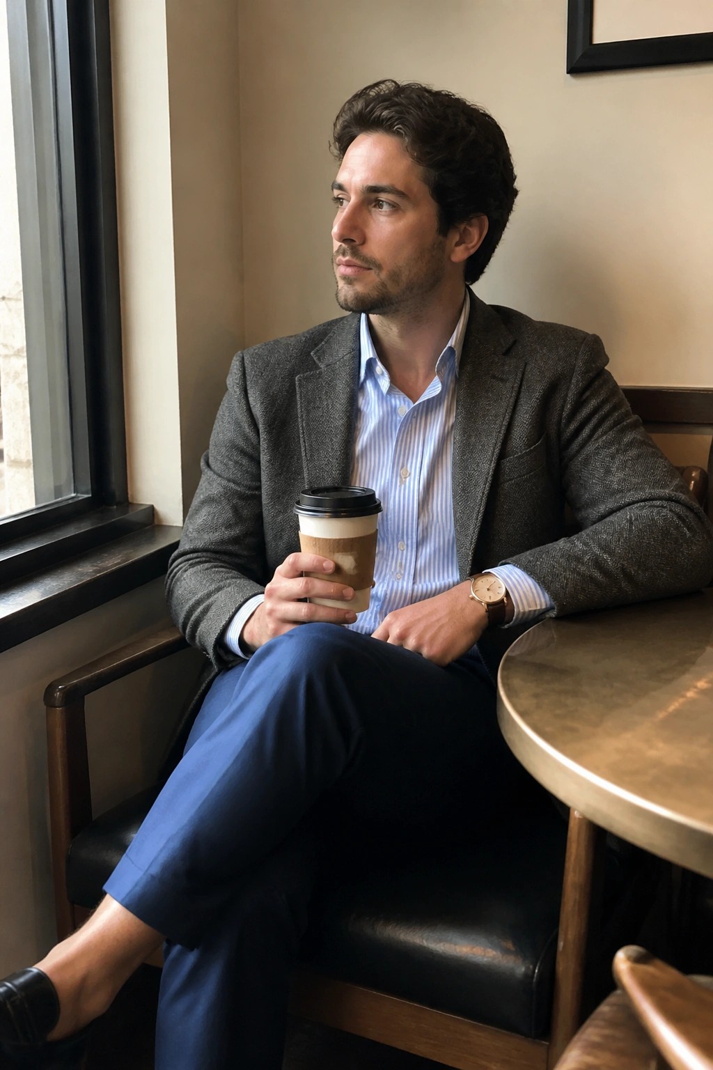 Curly-haired man in gray blazer and striped shirt holds coffee by window