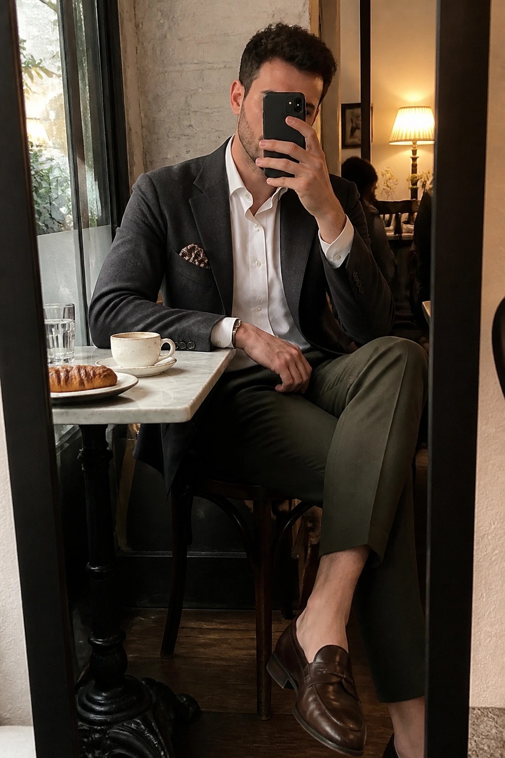 Man wearing gray blazer over white dress shirt with patterned pocket square, olive green trousers, and brown leather loafers while seated at a cafe table with coffee and croissant.