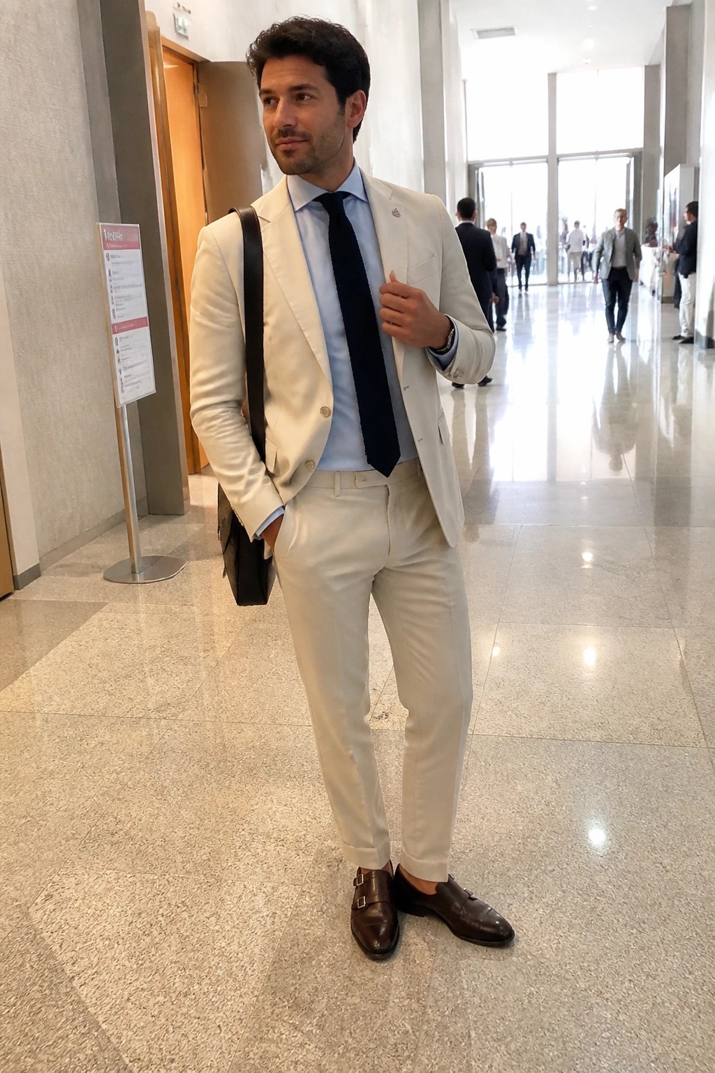 Man in cream suit with blue shirt, black tie, and brown shoes in lobby