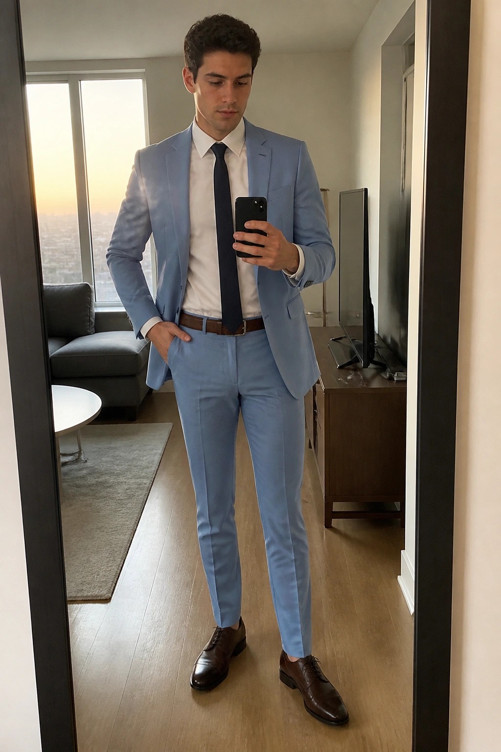A man in a light blue suit jacket and matching trousers with a white dress shirt navy tie brown leather belt and brown leather oxford shoes holding a smartphone in one hand.