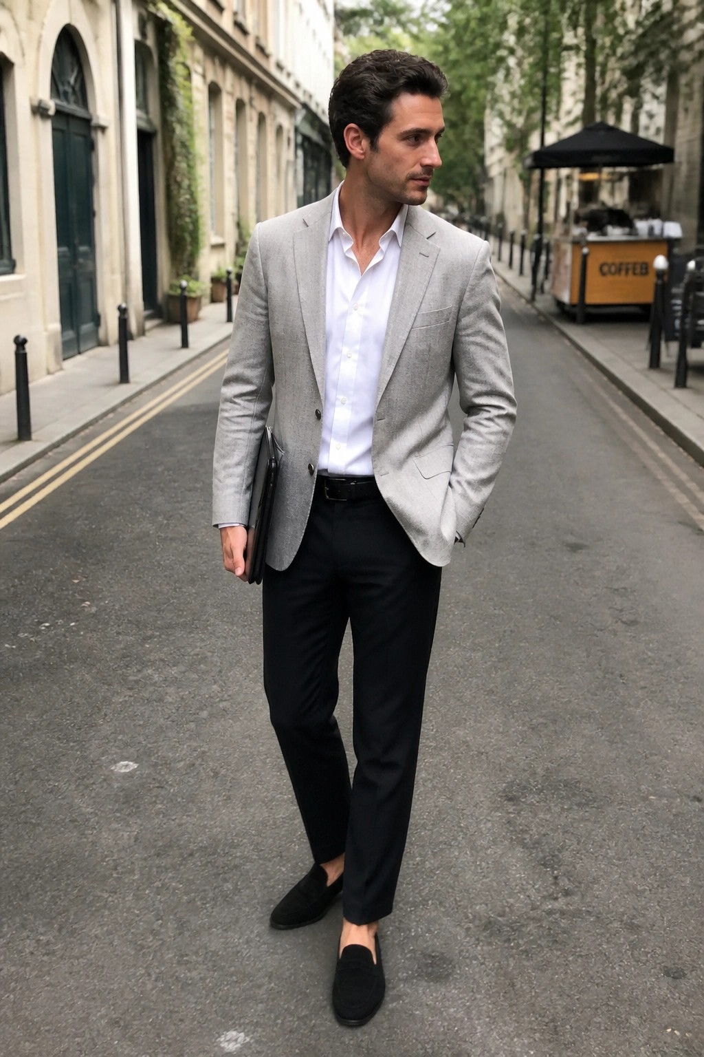 Man in light gray blazer, white shirt, black pants and loafers on city street