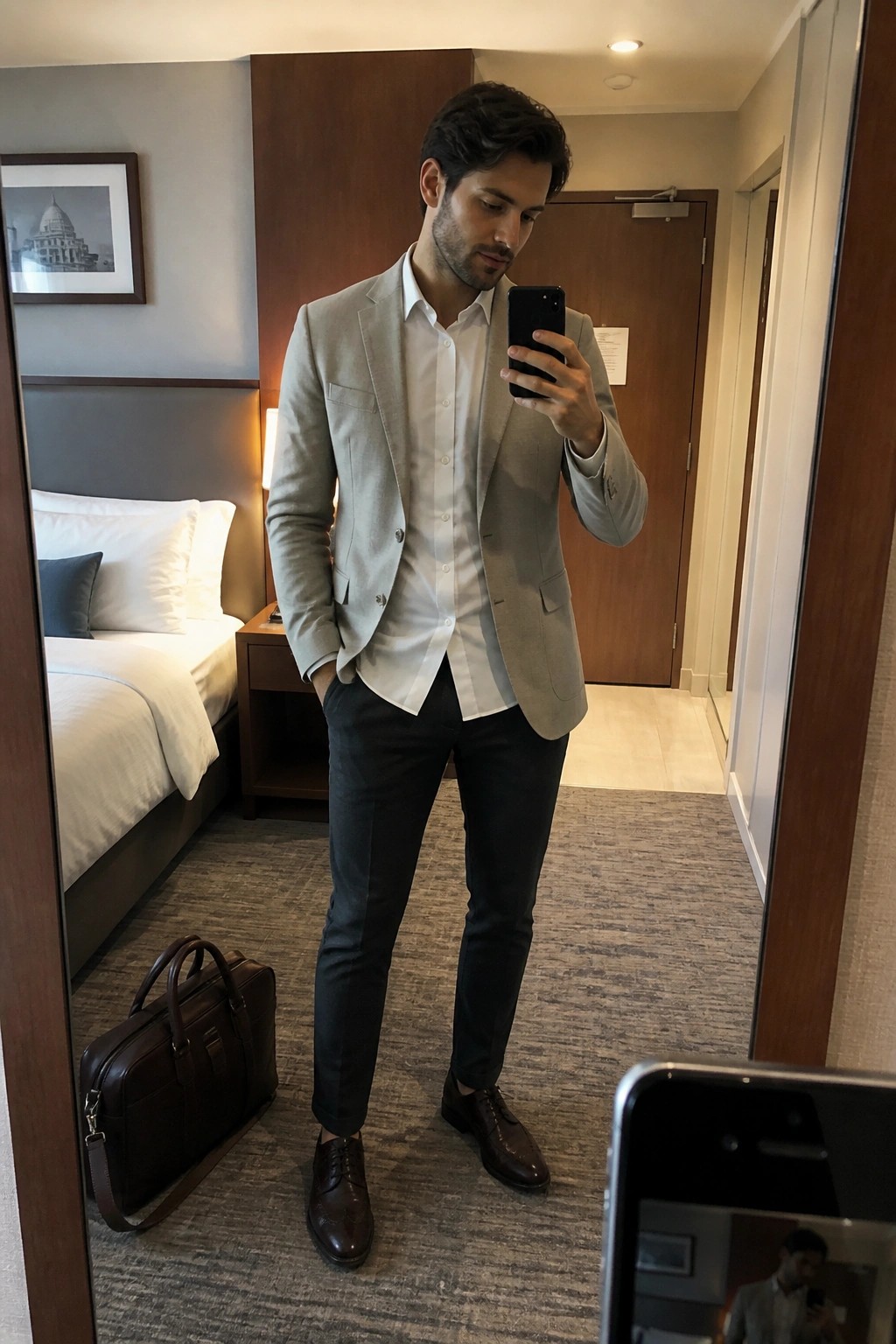 Man in light gray blazer and white shirt taking mirror selfie in hotel room