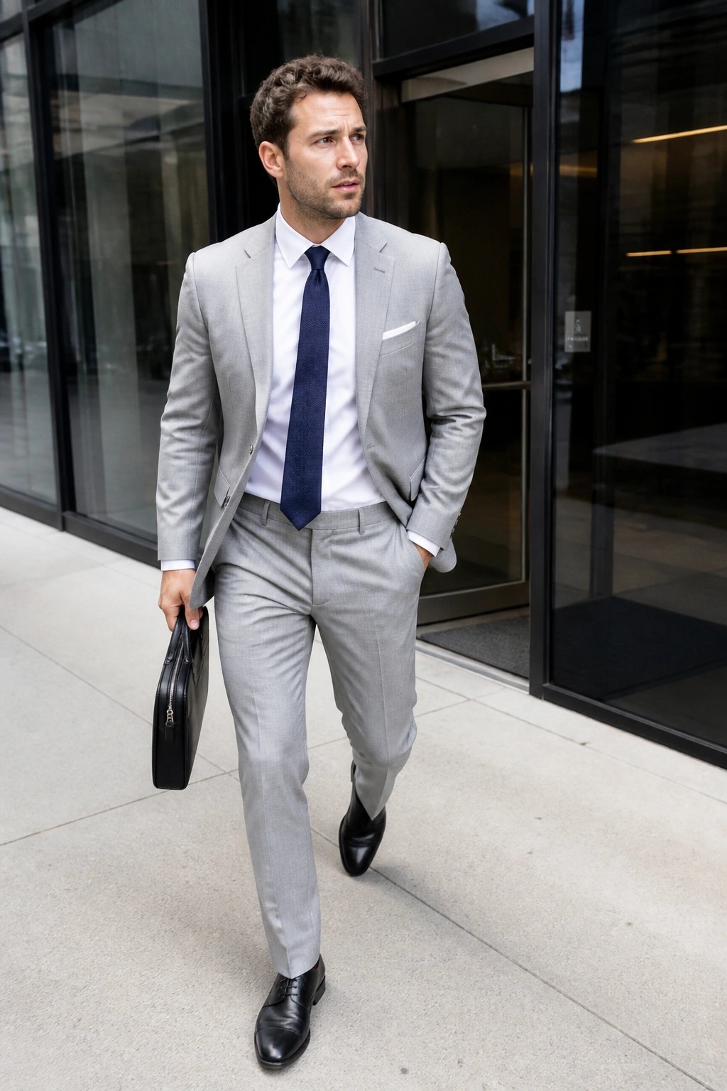 Man in light gray suit and navy tie holding black briefcase on sidewalk