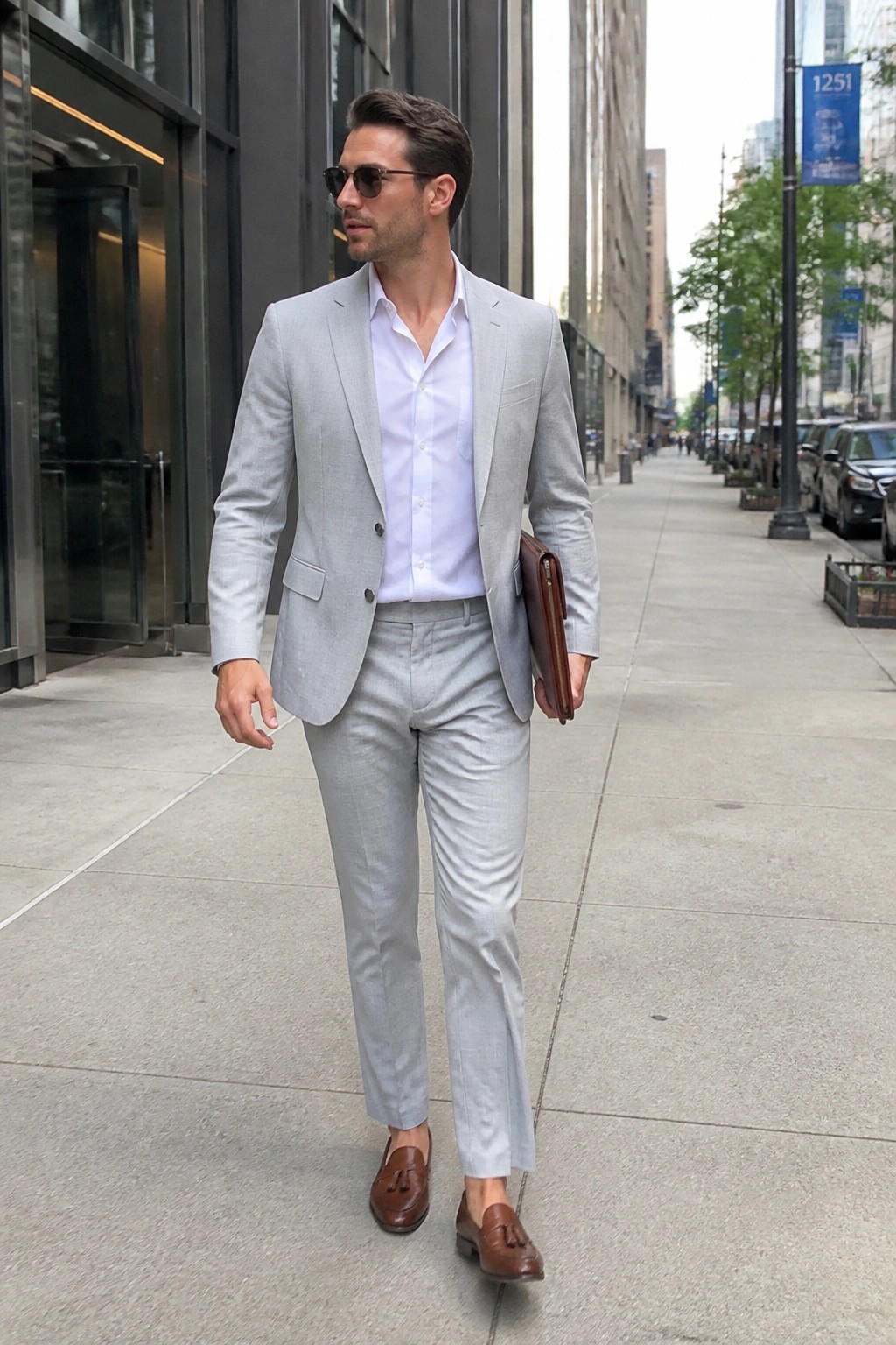 Man in light gray suit and white shirt walking city sidewalk with brown bag