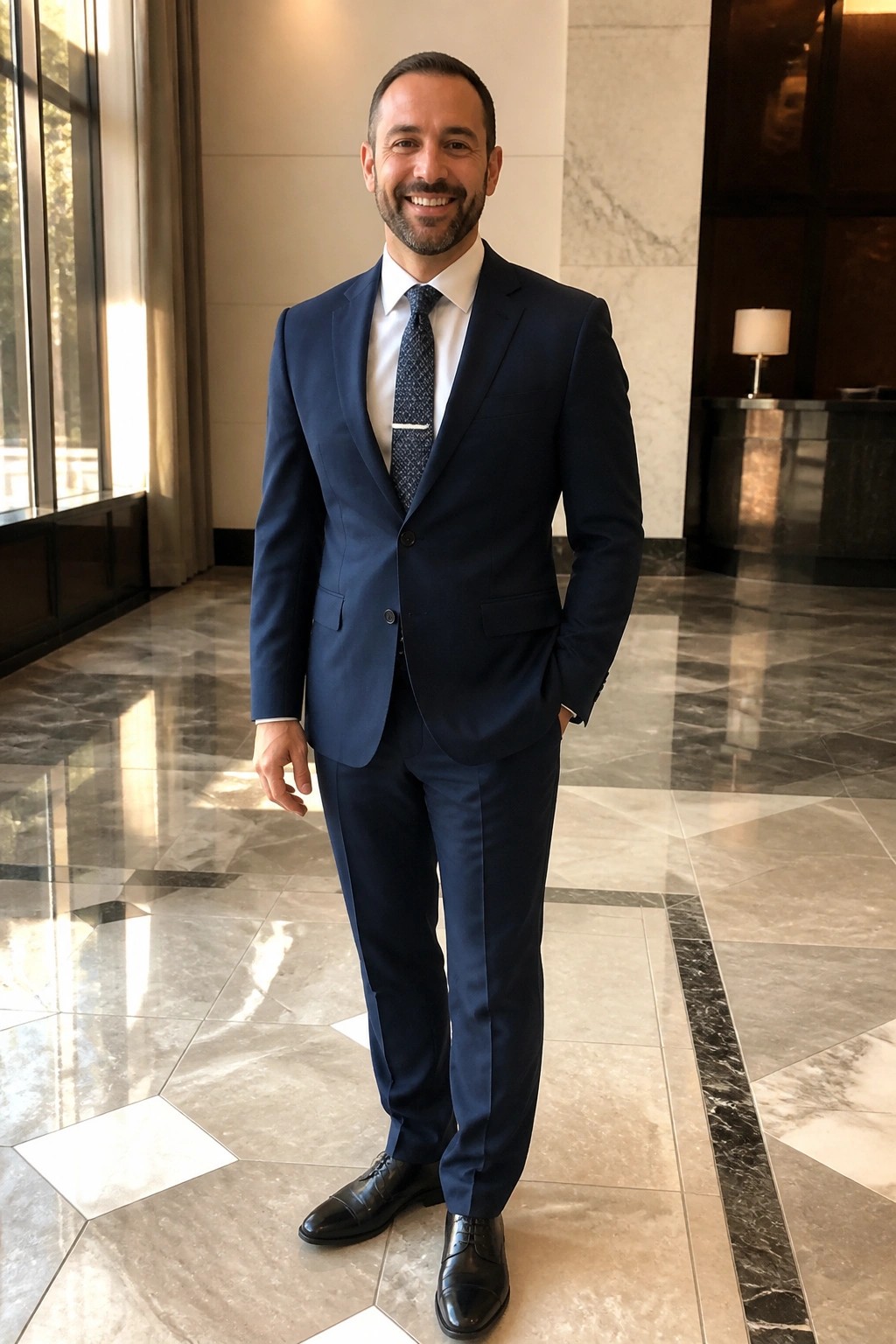 Smiling man in navy suit and tie stands in marble lobby with hand in pocket