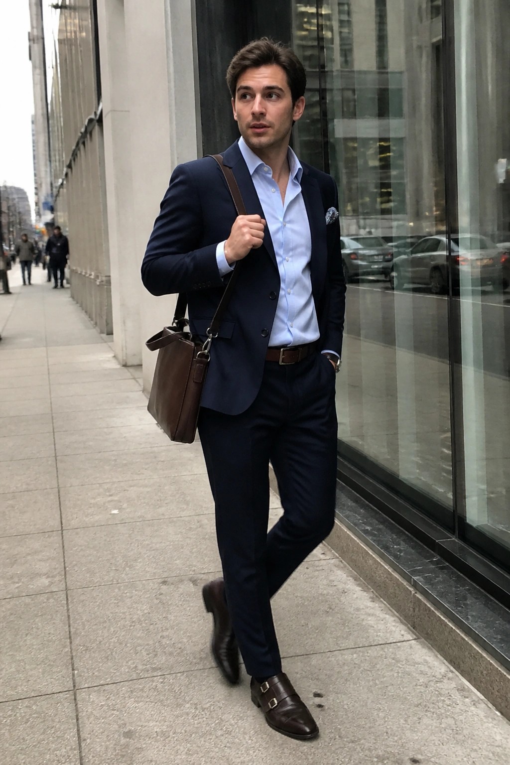 Man in navy suit with brown leather bag on city sidewalk