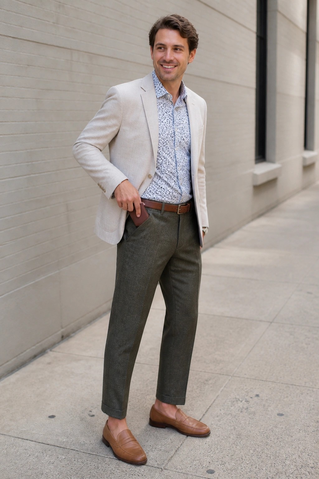 Man in beige blazer over blue patterned shirt with olive trousers brown belt and matching loafers standing on sidewalk.