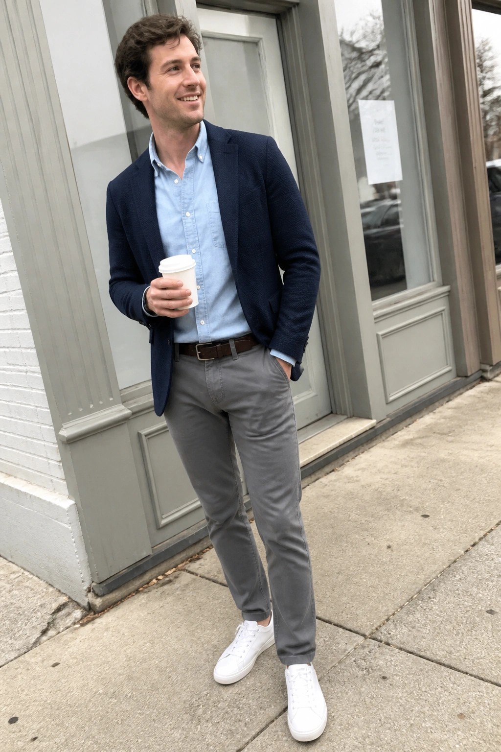 Smiling man in navy blazer, blue shirt, gray pants holds white coffee on sidewalk