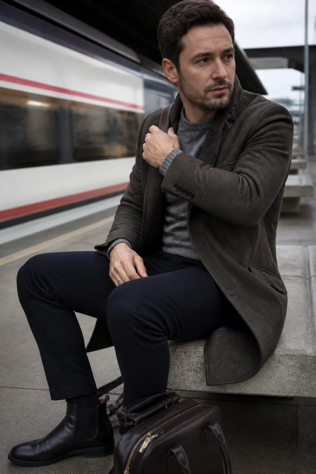 Man in brown overcoat seated on station bench beside train with leather bag.