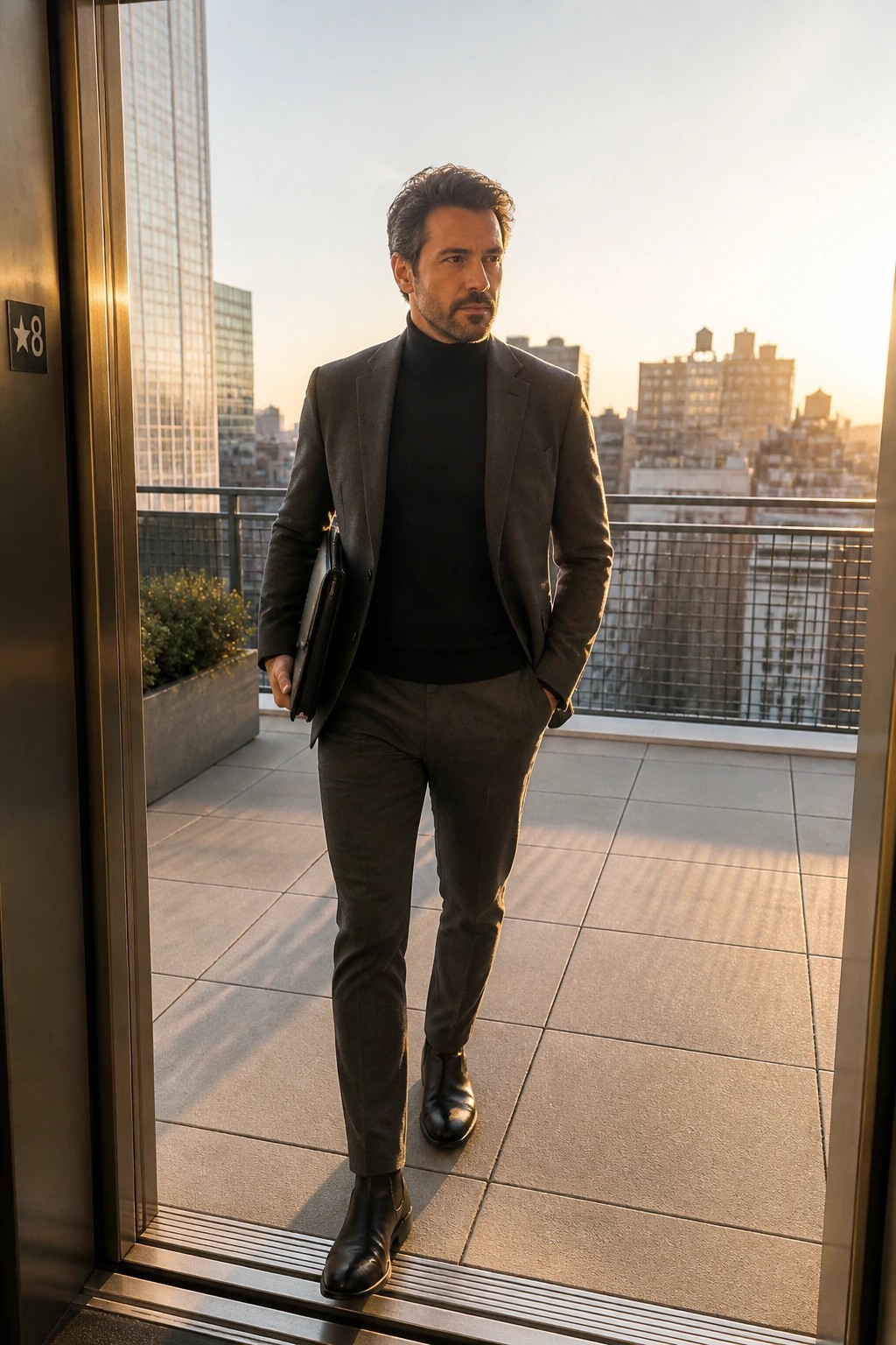 Man wearing a charcoal business suit over a black turtleneck sweater paired with matching trousers and black Chelsea boots while holding a black portfolio bag.