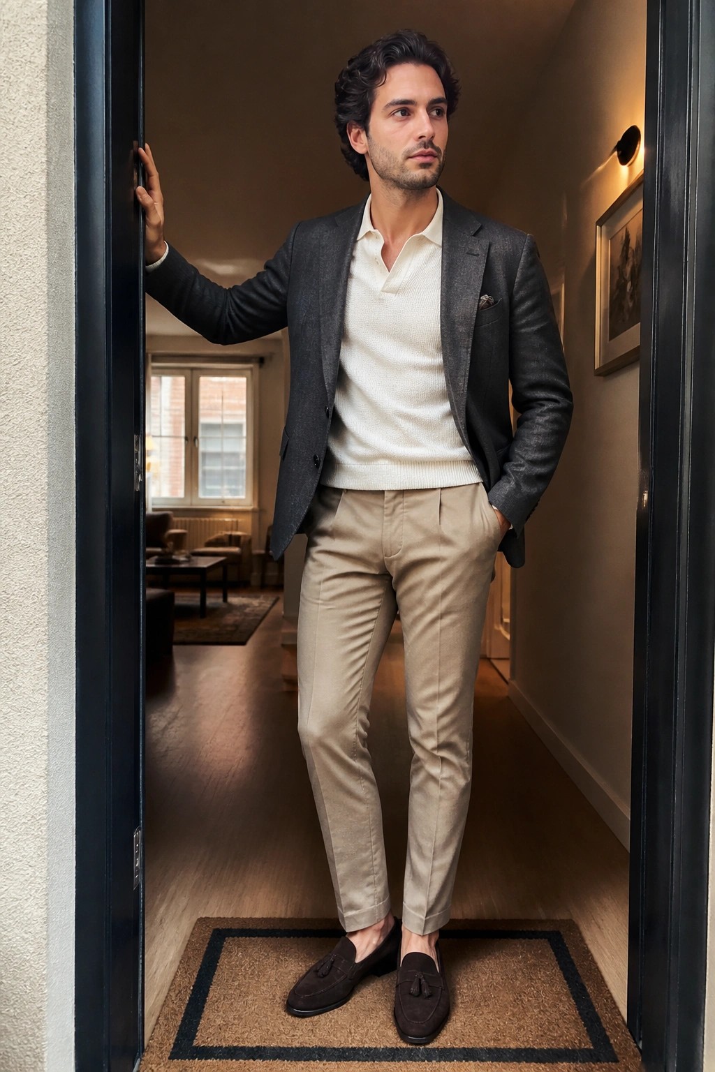 Man in gray blazer, white sweater, beige pants stands in doorway.
