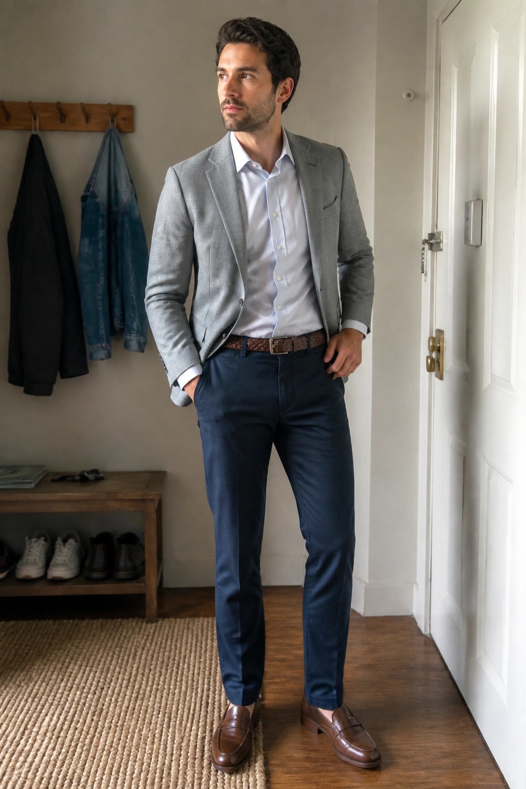 Man in gray blazer, navy pants, and brown loafers stands in entryway.