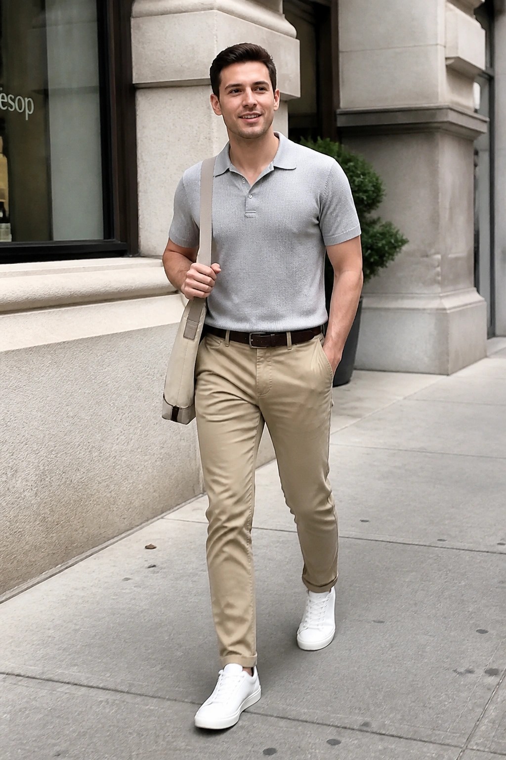 Man in gray polo shirt and khaki pants carrying beige bag on city sidewalk