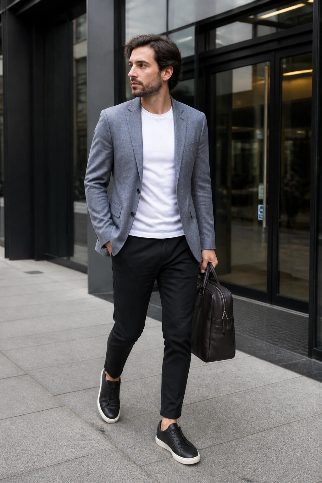 Man in gray blazer over white tee holds brown bag outside building