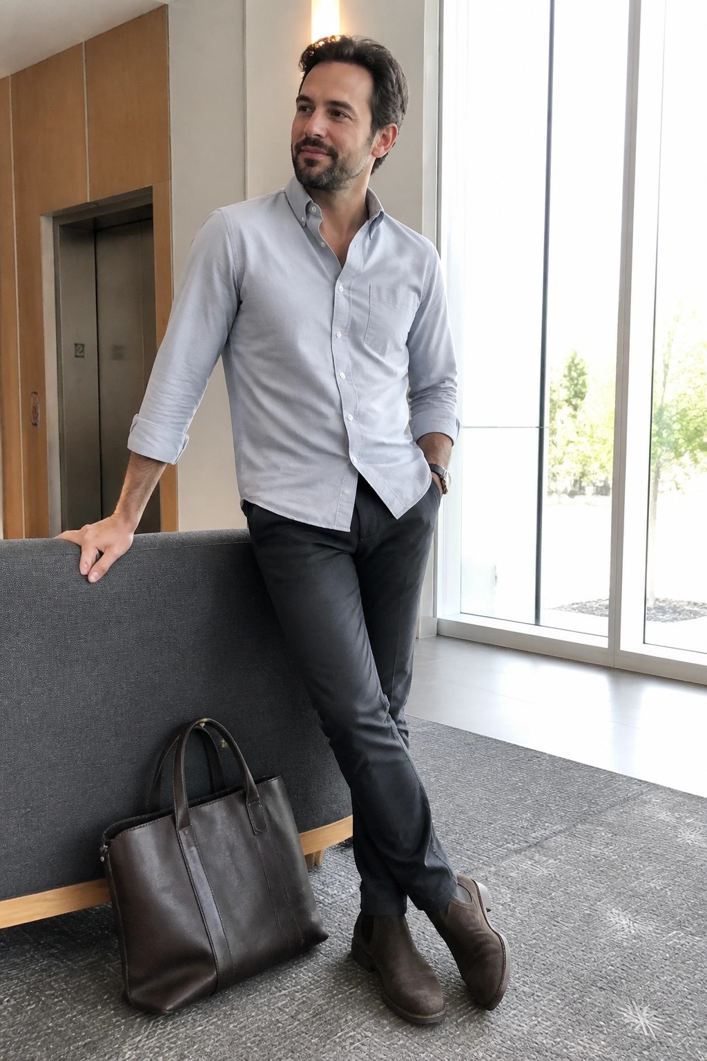 Man wearing a light blue button down shirt with rolled sleeves tucked into dark slim pants paired with brown suede Chelsea boots and holding a brown leather tote bag.