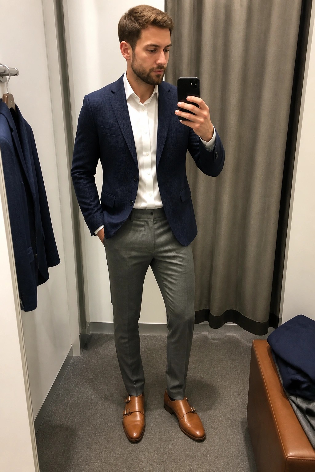 Man wearing a navy textured blazer over a white dress shirt with gray trousers and brown double monk strap shoes while taking a mirror selfie in a fitting room.