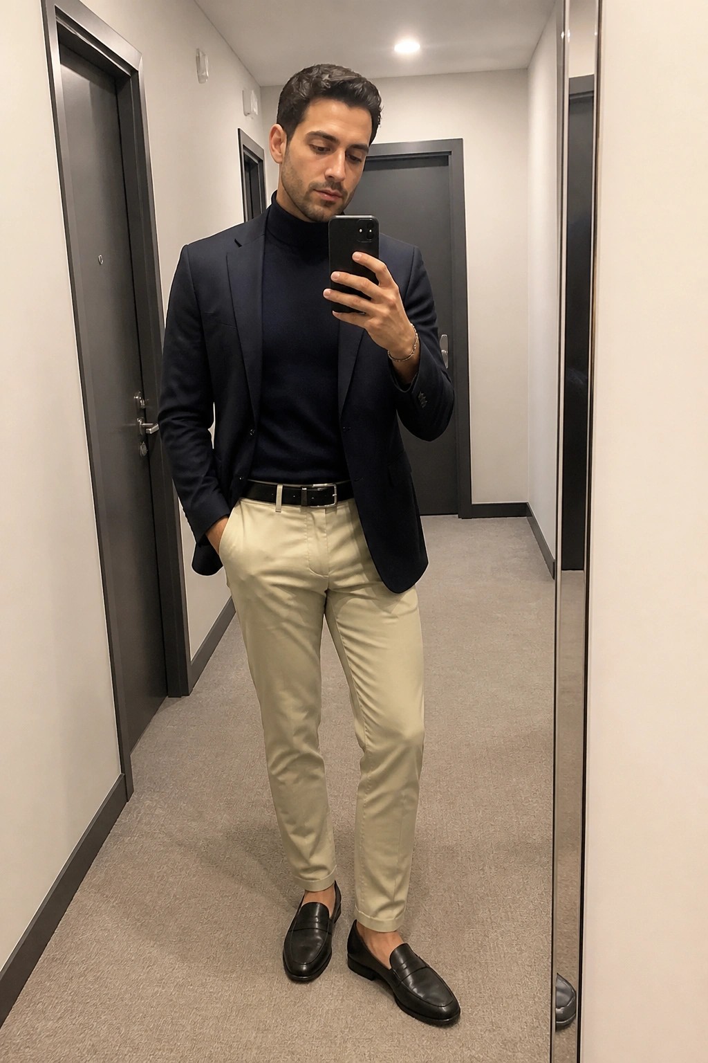 Man wearing a navy blazer over a navy turtleneck with khaki pants, black belt, and black loafers while holding a phone in a hallway mirror selfie.