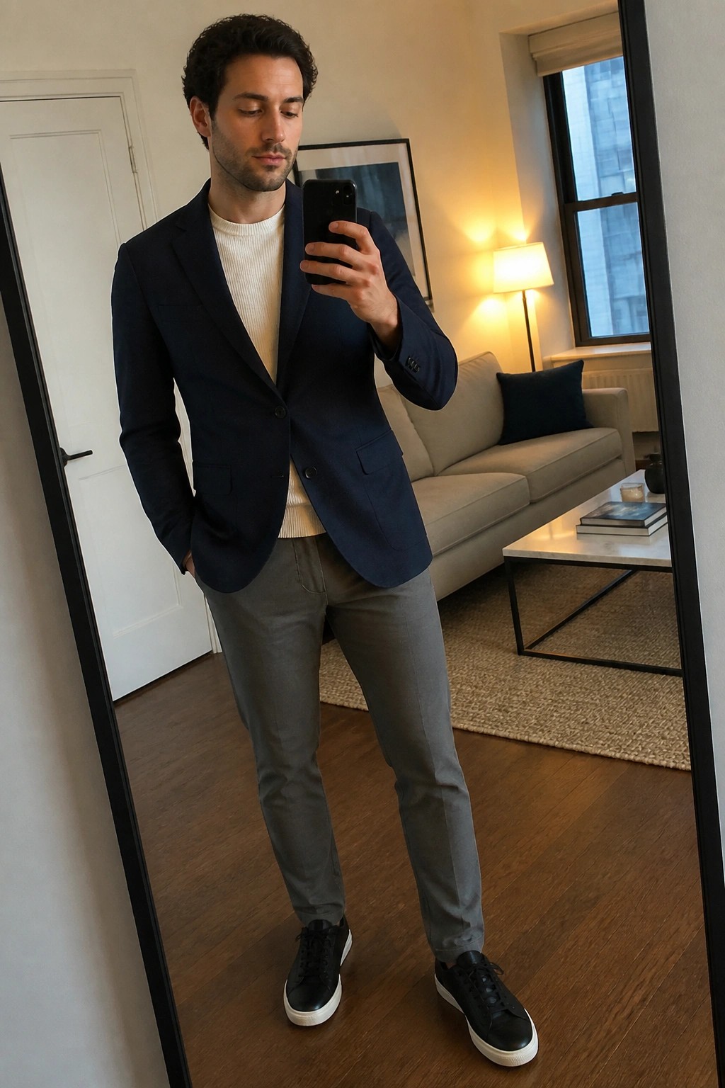 Man in navy blazer and gray pants taking mirror selfie in modern room