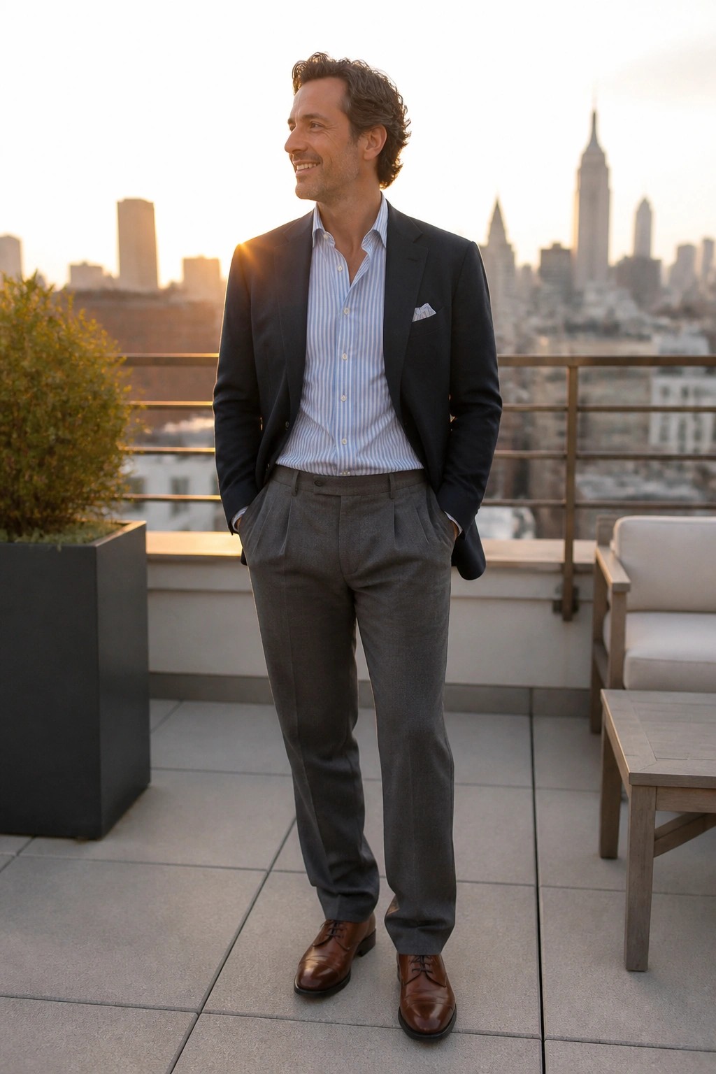 Man in navy blazer, striped shirt, and gray trousers on NYC rooftop at sunset