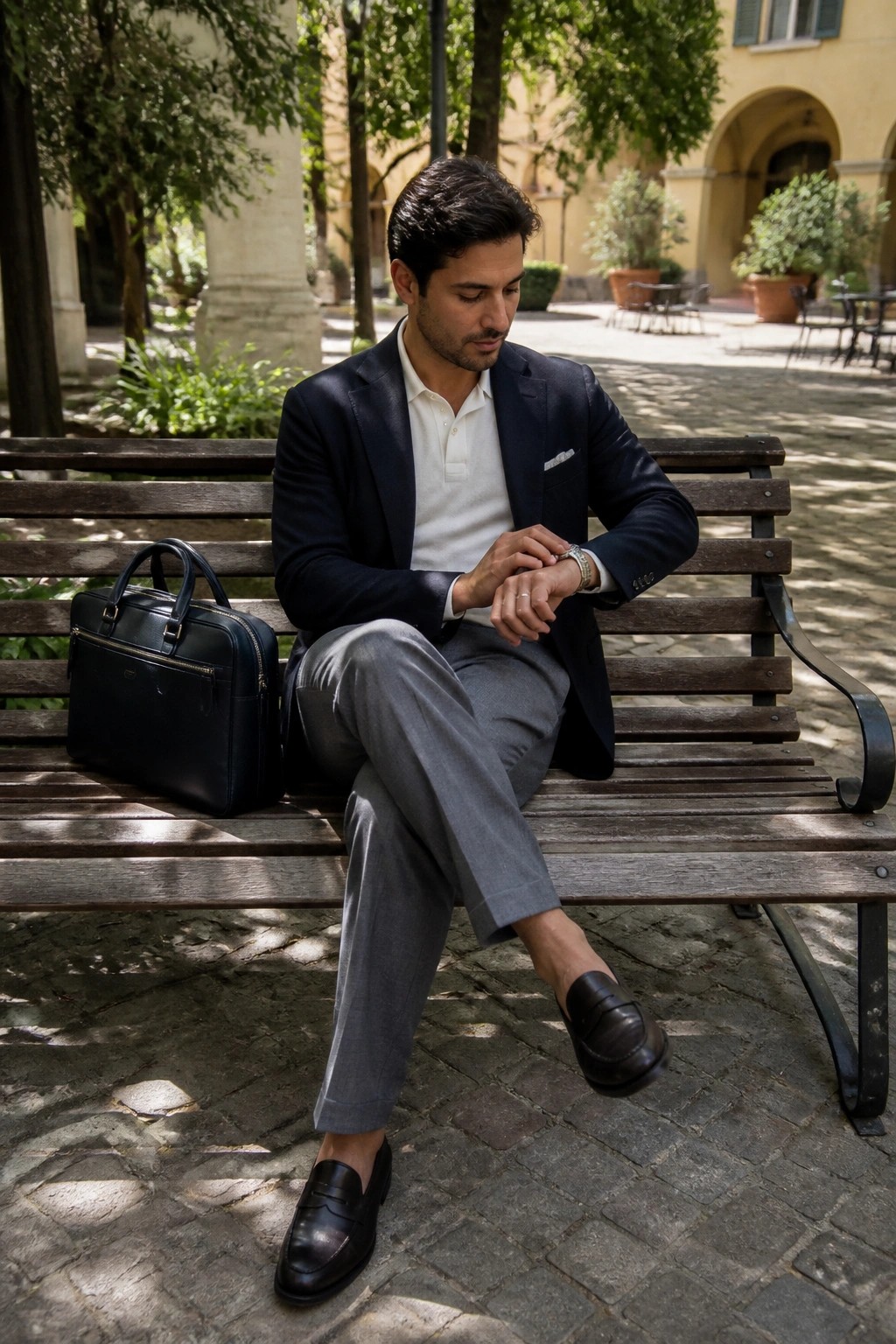 Man in navy blazer checks watch on bench beside black leather bag.