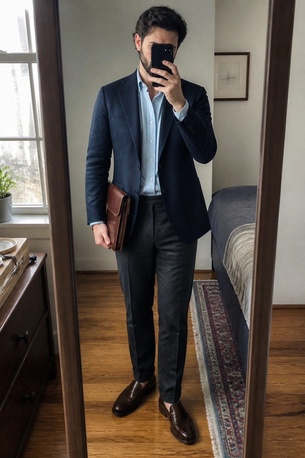 Man in navy blazer and light blue shirt holding brown leather portfolio in bedroom mirror