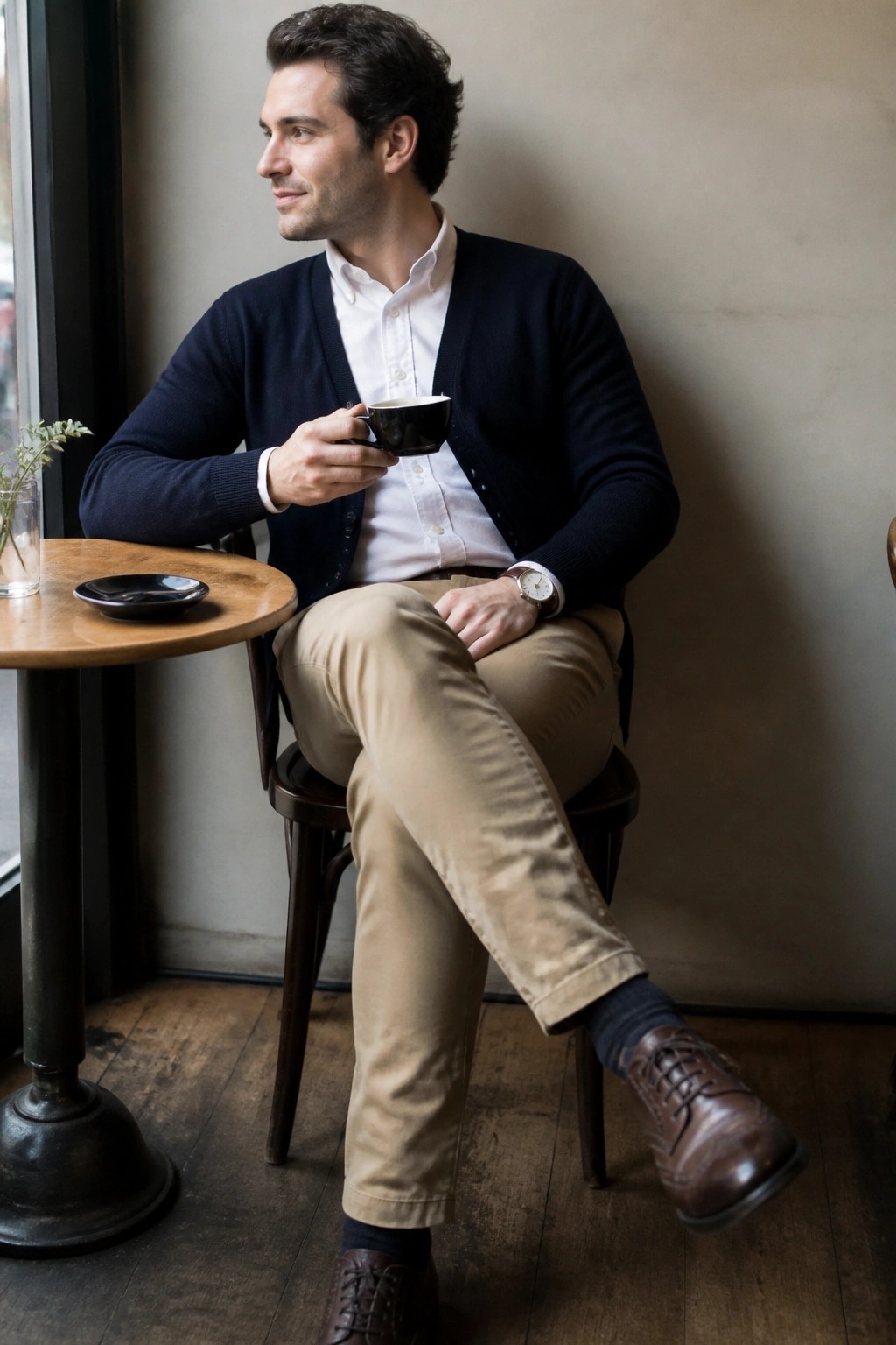 Man in navy cardigan and khaki pants holds coffee cup at cafe table
